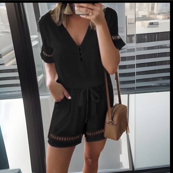 Formal Deep V Neck W/ Button Designs Elastic  Waist Belt W/ Pockets Black Romper - Picture 1 of 12